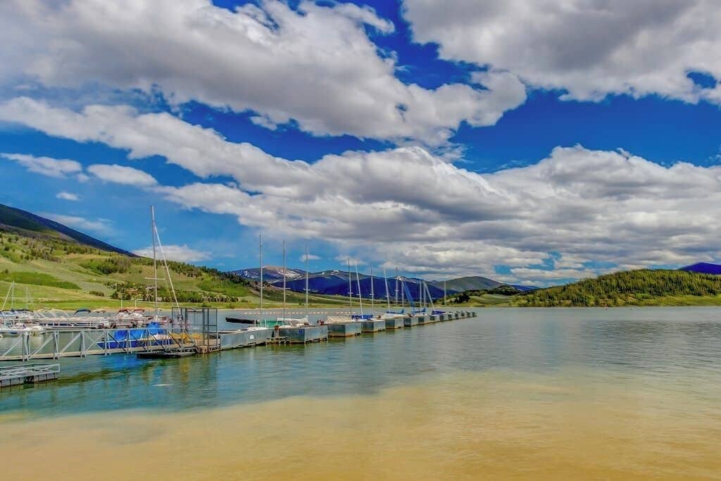 Un puerto deportivo con barcos amarrados, cielo despejado y montañas al fondo.