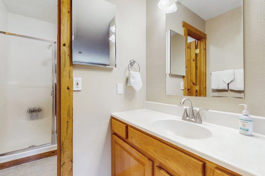 Une salle de bain avec une douche, un lavabo avec un miroir et un flacon de savon pour les mains.