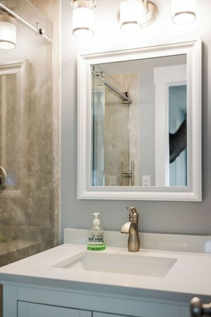 Shower, hair dryer, towels - Buck & Birch Run, All Seasons Remodeled Cottage, Fish & Hunt Camp (Charlevoix)
