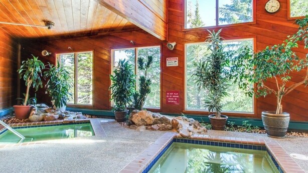 Área interna de piscina com paredes de madeira, janelas amplas e diversos vasos de plantas.