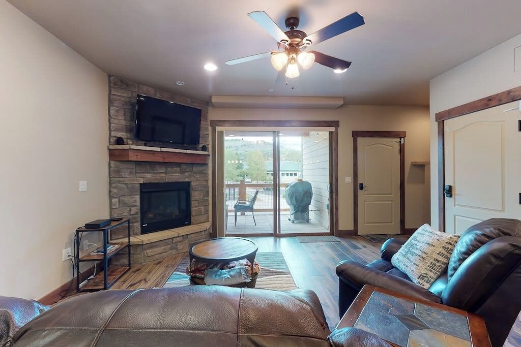 TV, fireplace, books