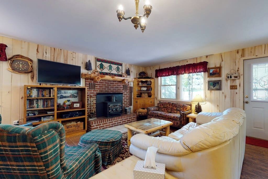 TV, fireplace, DVD player, books