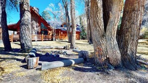 Eine Holzhütte mit einer Holzterrasse, umgeben von hohen Bäumen.