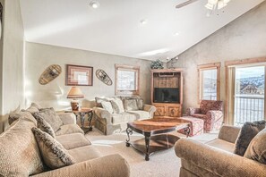 TV, fireplace, books