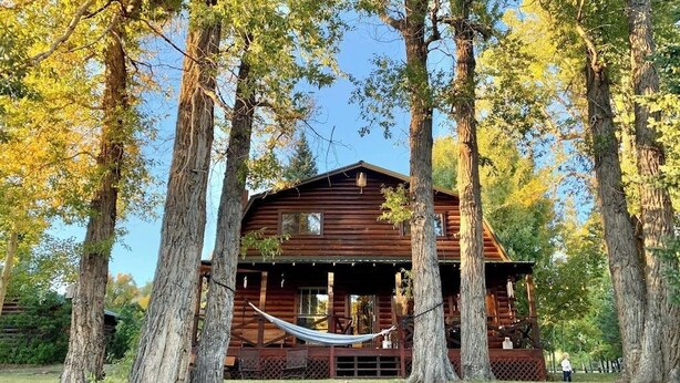 Eine Holzhütte mit Veranda, umgeben von hohen Bäumen.