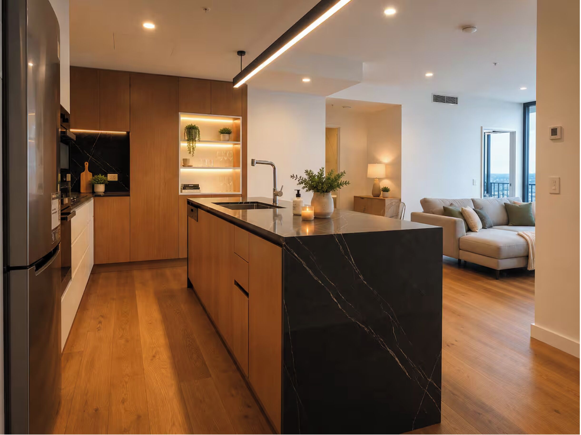 A modern kitchen with a marble island, wooden cabinets, and built-in appliances.
