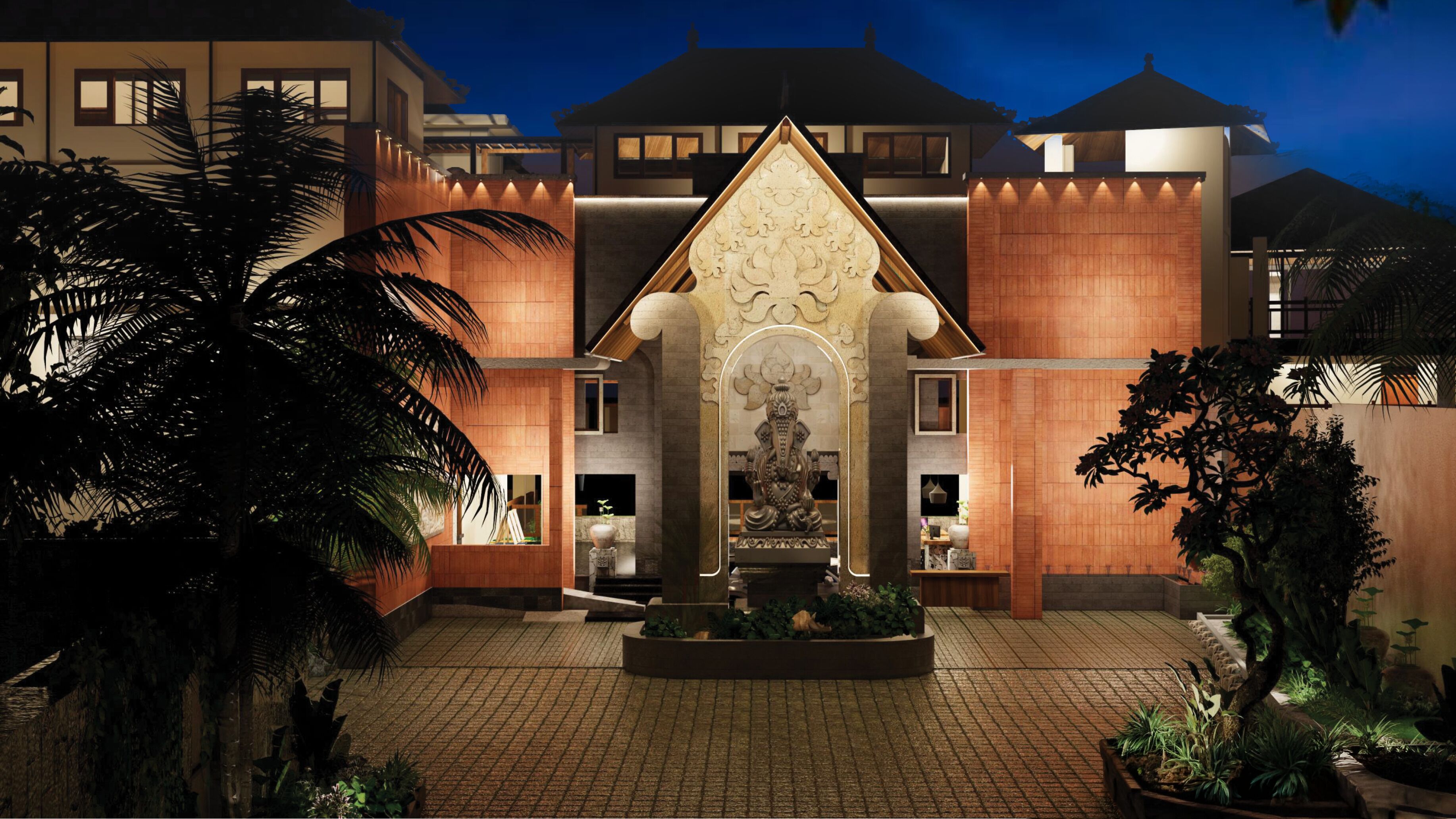 A courtyard with a central statue, surrounded by buildings with warm lighting.