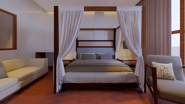 A four-poster canopy bed with a headboard, a sofa, a chair, and a nightstand with a lamp.