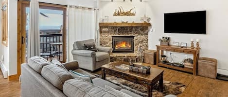 TV, fireplace, DVD player, books