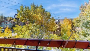 Um sistema de teleférico, árvores com folhagem de outono e edifícios residenciais ao fundo.