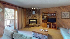 Ein gemütliches Wohnzimmer mit Kamin, Bücherregal, Fernseher und einer Couch.