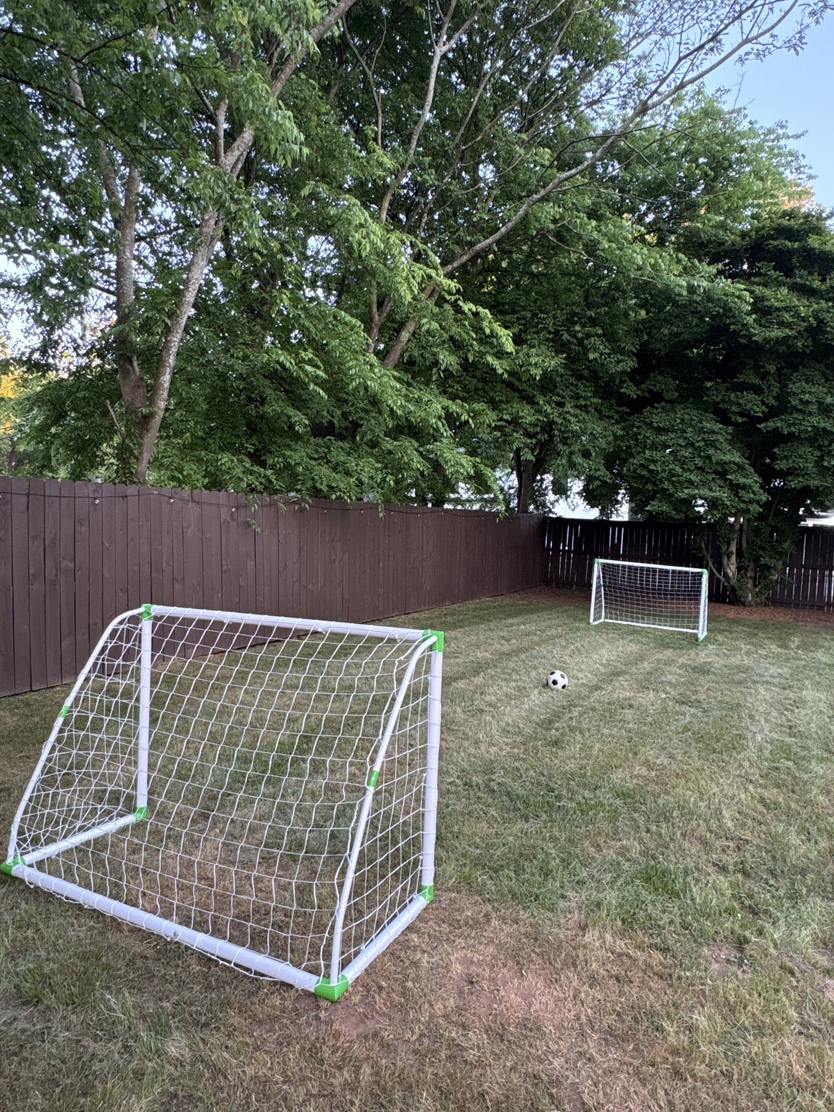 A backyard with two soccer goals, a wooden fence, and trees.