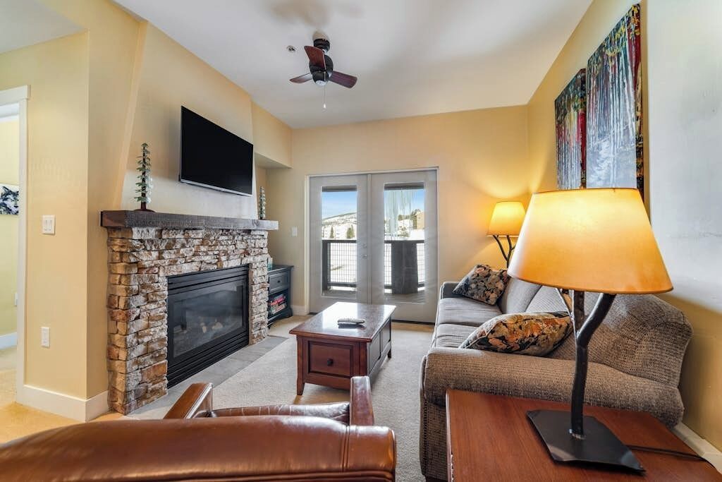 TV, fireplace, DVD player, books