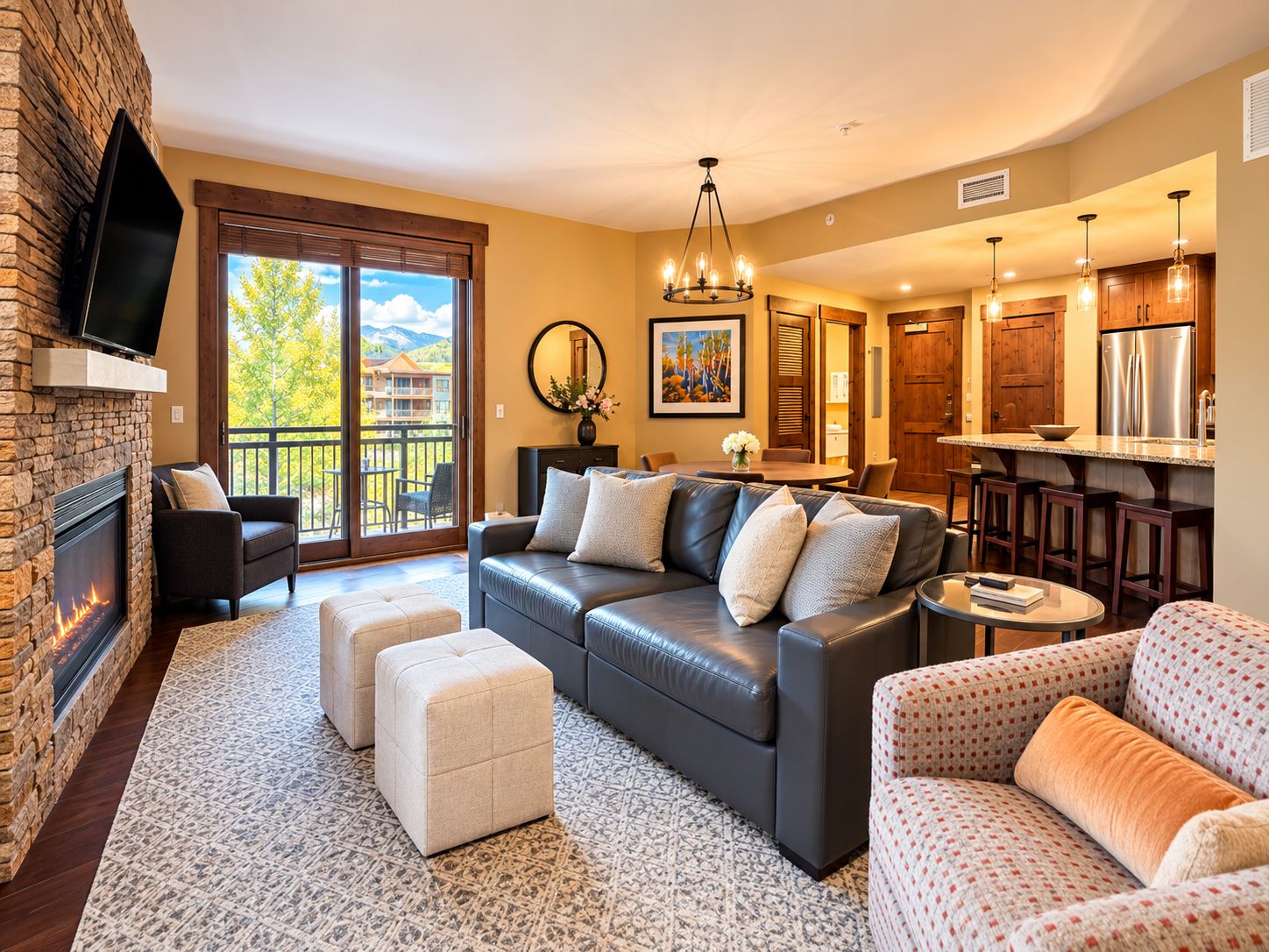 A living room with a fireplace, a sofa, ottomans, and a dining area with a view of the outdoors.