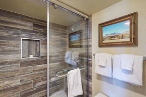Shower, hair dryer, towels