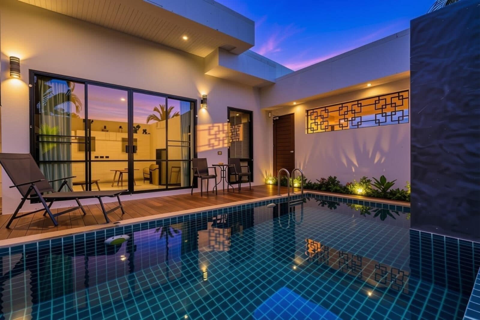 A modern indoor swimming pool with a glass enclosure, lounge chairs, and a view of the interior.
