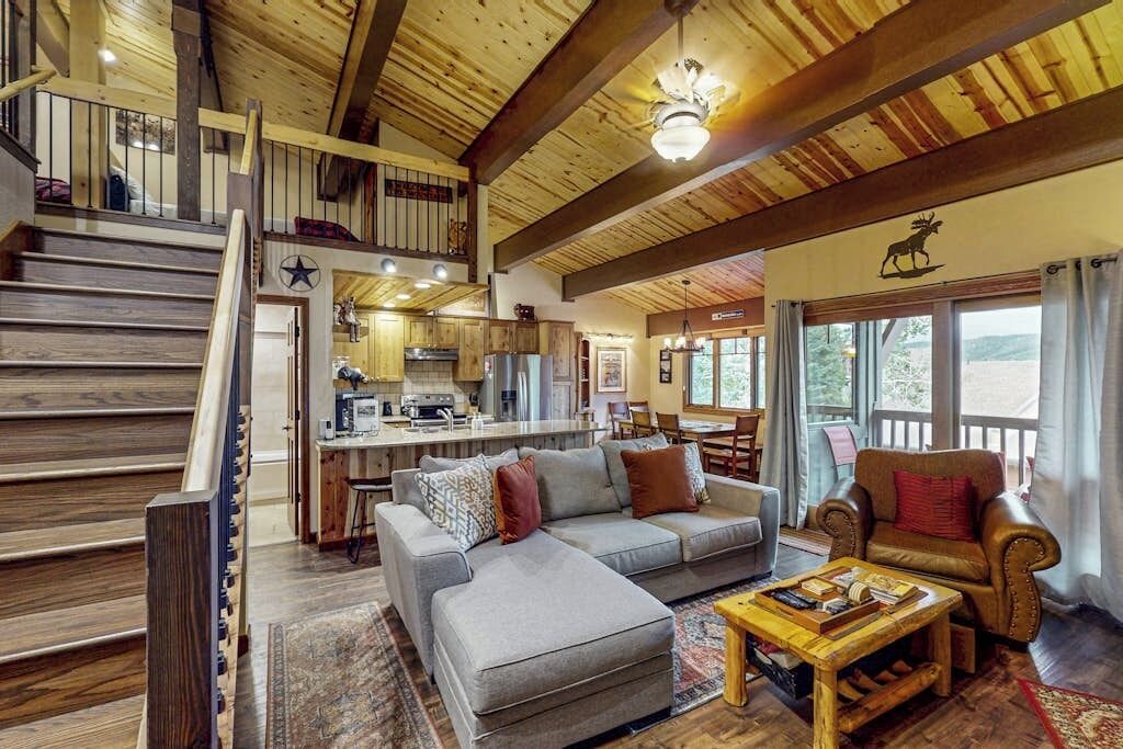 TV, fireplace, books, computer monitors
