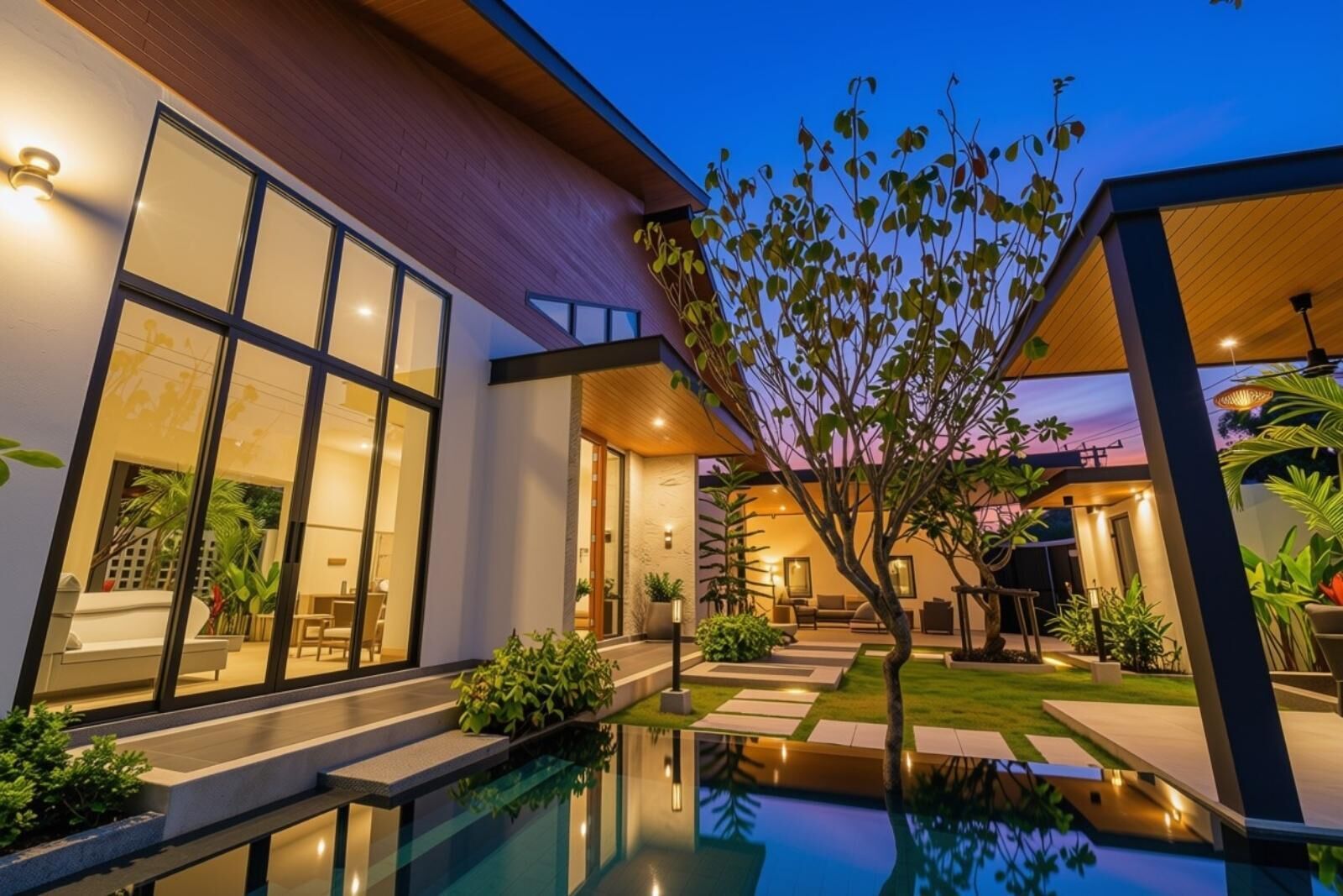 Una casa moderna con piscina, ventanas amplias y un espacio exterior bien iluminado.