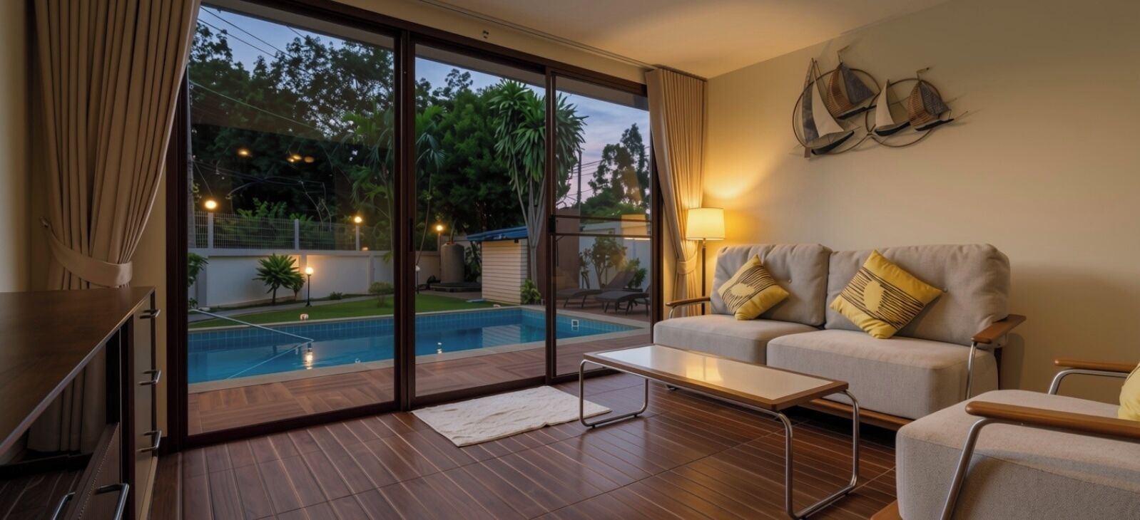 A modern living room with a sofa, a coffee table, and a view of an outdoor swimming pool.