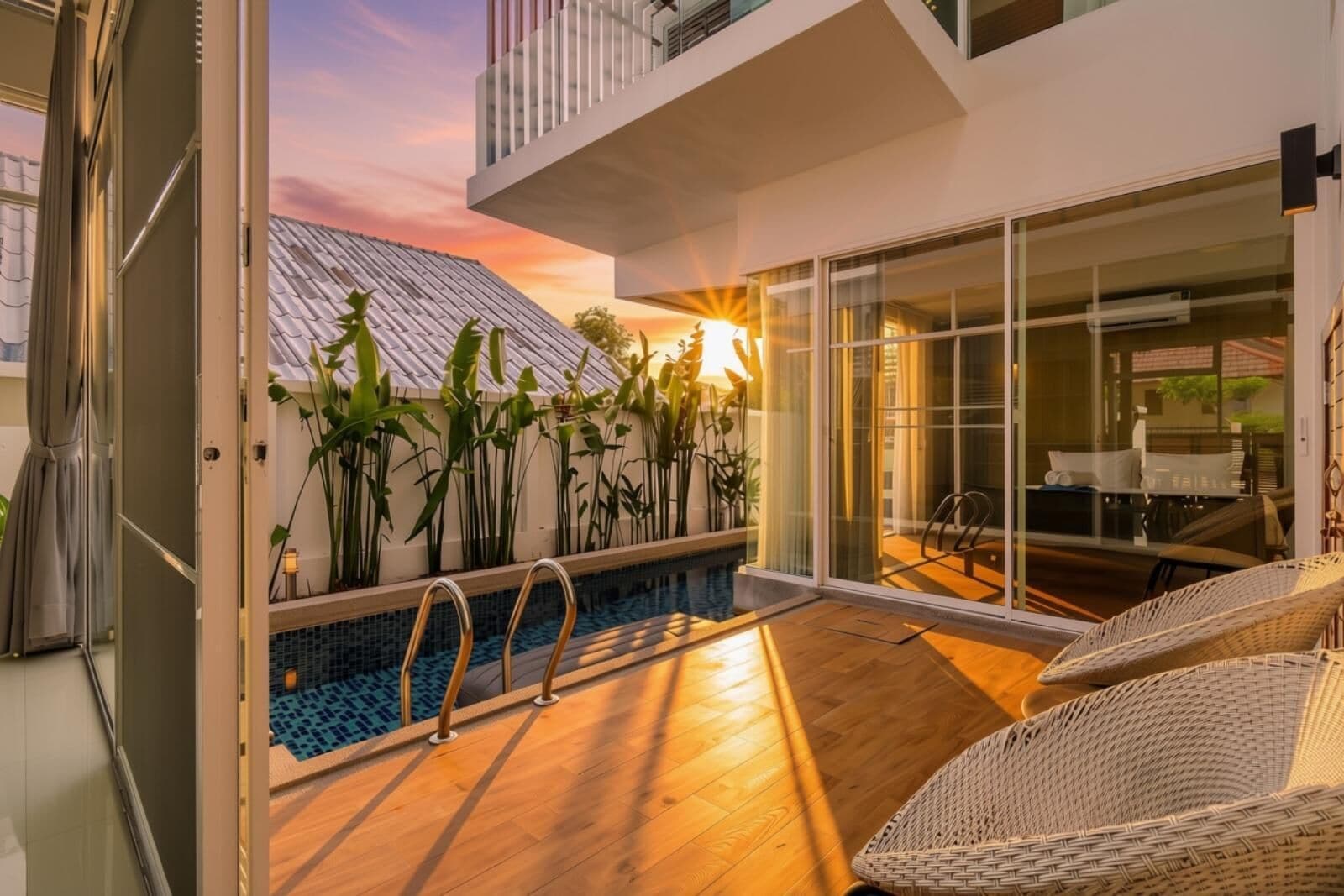 A modern outdoor pool area with a wooden deck, a glass-enclosed patio, and a view of the sunset.