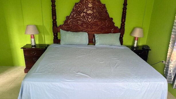 A bed with a wooden headboard, two bedside tables with lamps, and green walls.