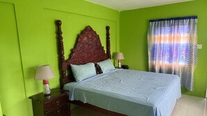 A bedroom with a bed, nightstands, a lamp, and a curtain.