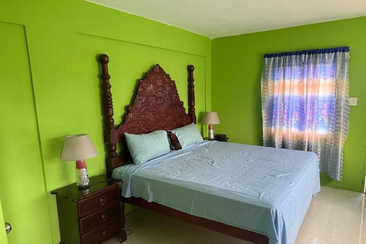 A bedroom with a bed, nightstands, a lamp, and a curtain.