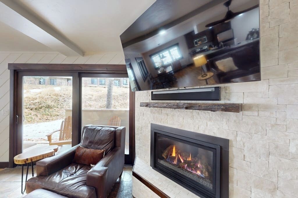 TV, fireplace, books, stereo