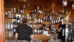 Een bar met drankflessen op planken, een persoon achter de bar en een toonbank met glazen en een dienblad.