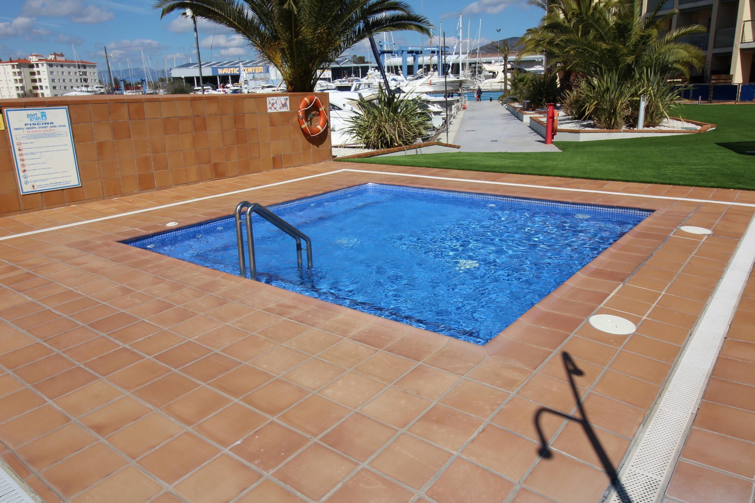 A swimming pool with a lifebuoy, surrounded by a tiled deck and palm trees.