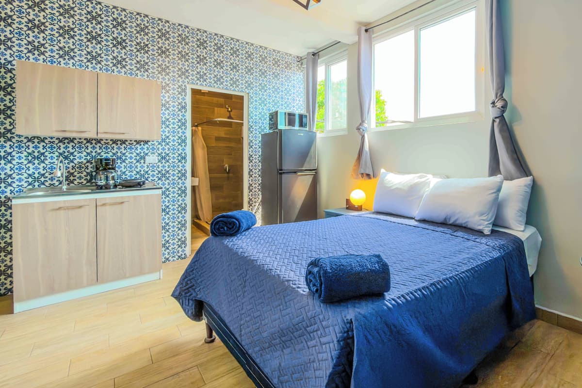 A bedroom with a bed, a nightstand, a table, a microwave, a wardrobe, and a shower.