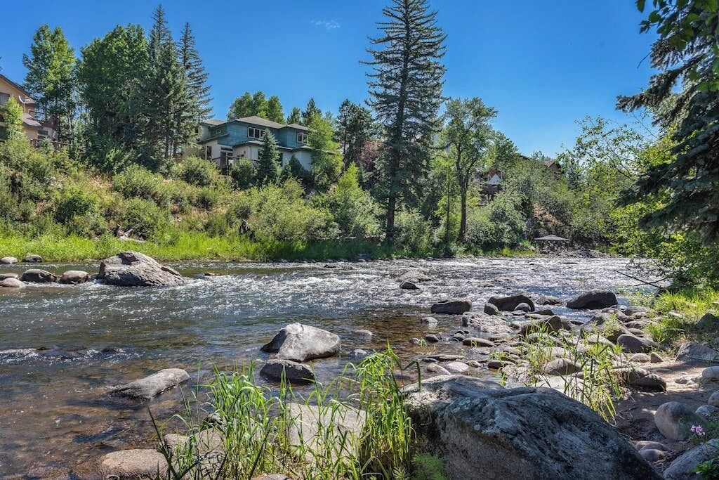 A river with rocks, surrounded by greenery and houses.