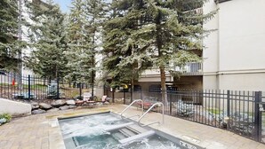 Un jacuzzi con escalera metálica, rodeado por un patio empedrado, una valla de metal negro y altos árboles de hoja perenne.