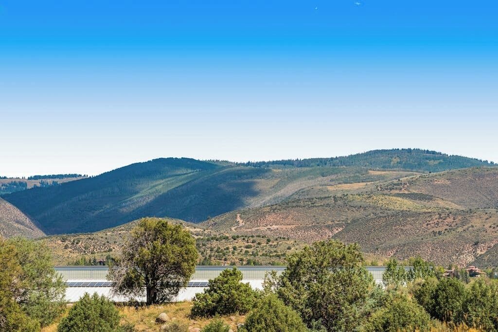 Un paysage avec des collines, un pont et des arbres.