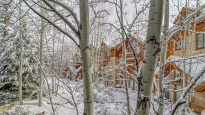A row of wooden cabins with snow-covered trees in the foreground. - Ski in/out mountain getaway with pool, hot tub, & balcony - steps to the slopes (Edwards)