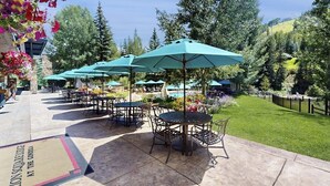 Un espace extérieur aménagé en terrasse, avec des tables et des chaises, des parasols verts et une piscine en arrière-plan.