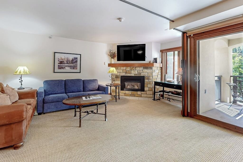 TV, fireplace, books