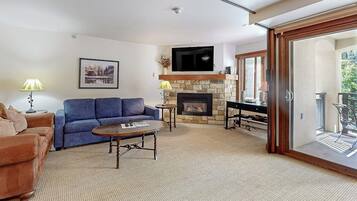 TV, fireplace, books