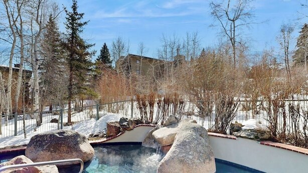 Ein Pool mit großen Steinen, umgeben von Bäumen und einem Gebäude im Hintergrund.