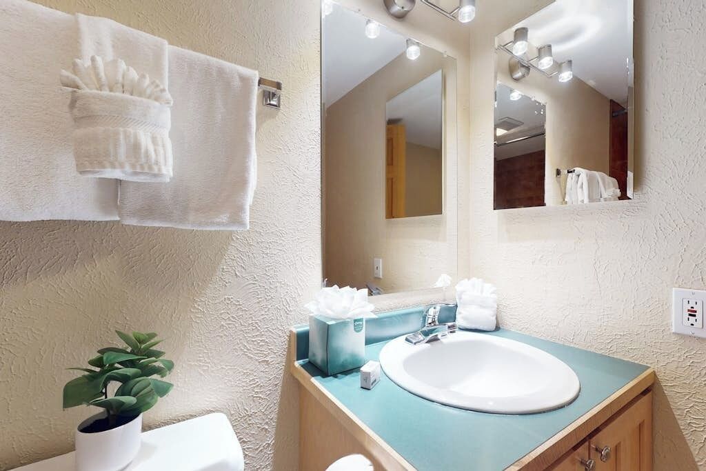 A bathroom with a sink, mirror, towel rack, and a potted plant.