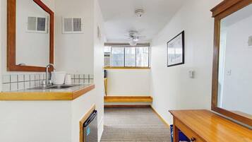 Fridge, microwave, coffee/tea maker, toaster