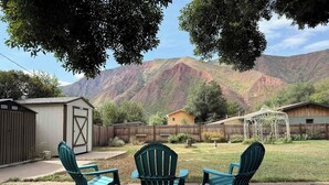 A backyard with three green Adirondack chairs, a wooden shed, and a house with a white garage door.