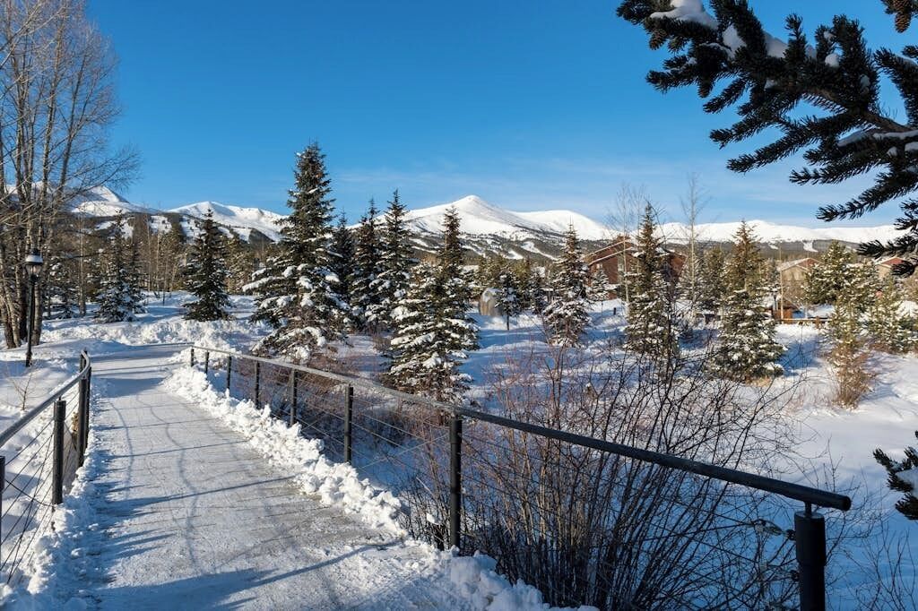 A snow-covered path leading to a building with a mountain backdrop.
