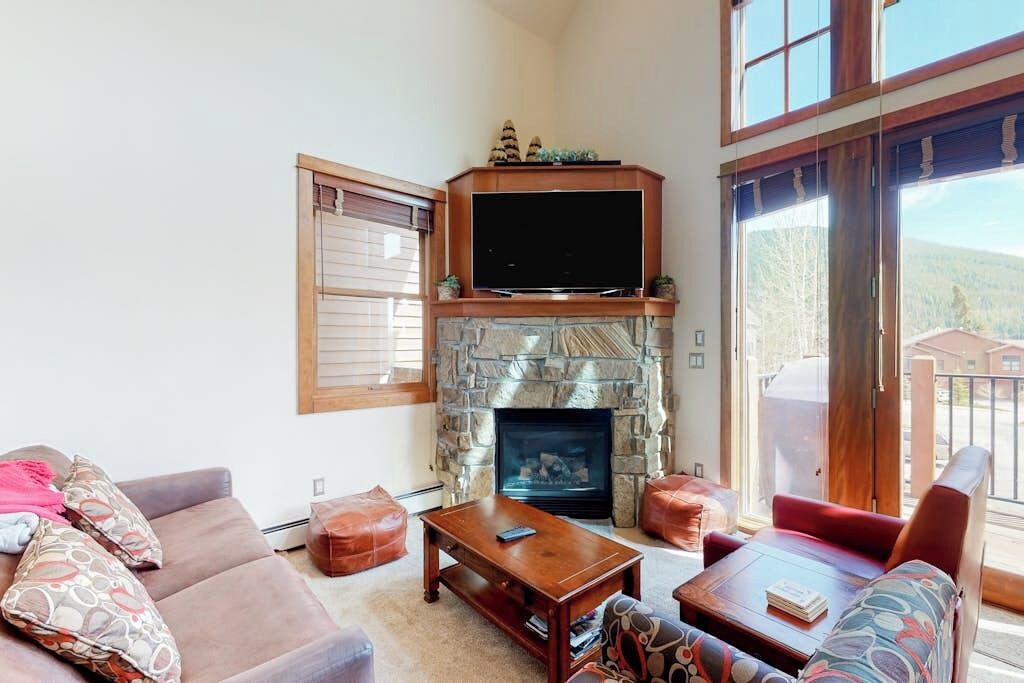TV, fireplace, books