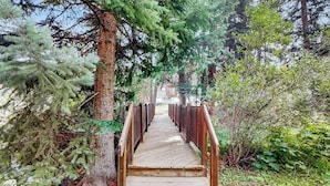 Un puente de madera en un área boscosa.