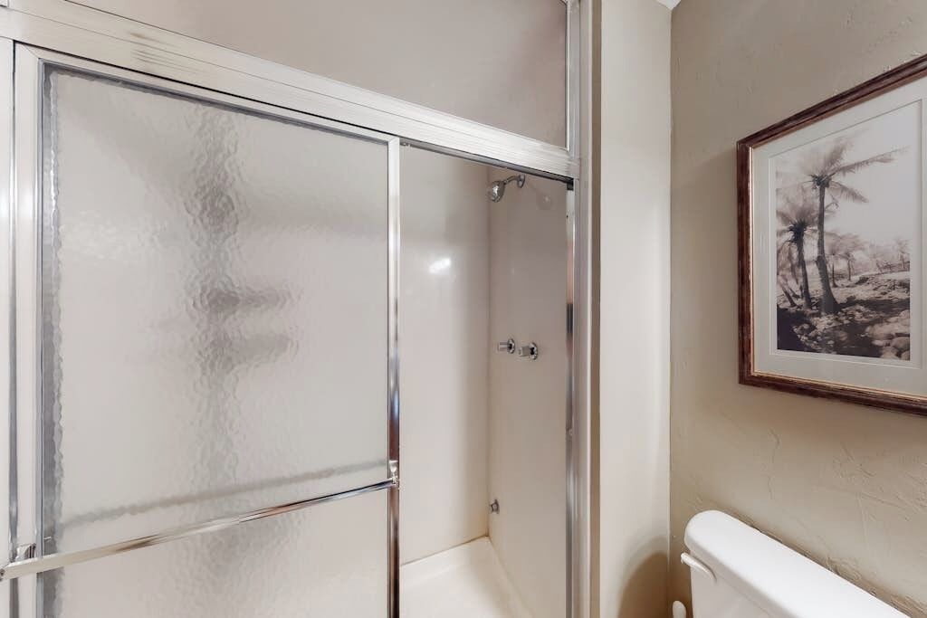 Une salle de bain avec une douche à parois de verre, des toilettes blanches et un tableau encadré au mur.