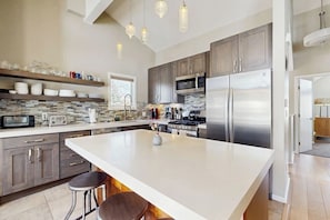 A modern kitchen with a large island, stainless steel appliances, and pendant lighting. - Renovated condo with deck, mountain view, fireplace & gorgeous kitchen (Crested Butte)