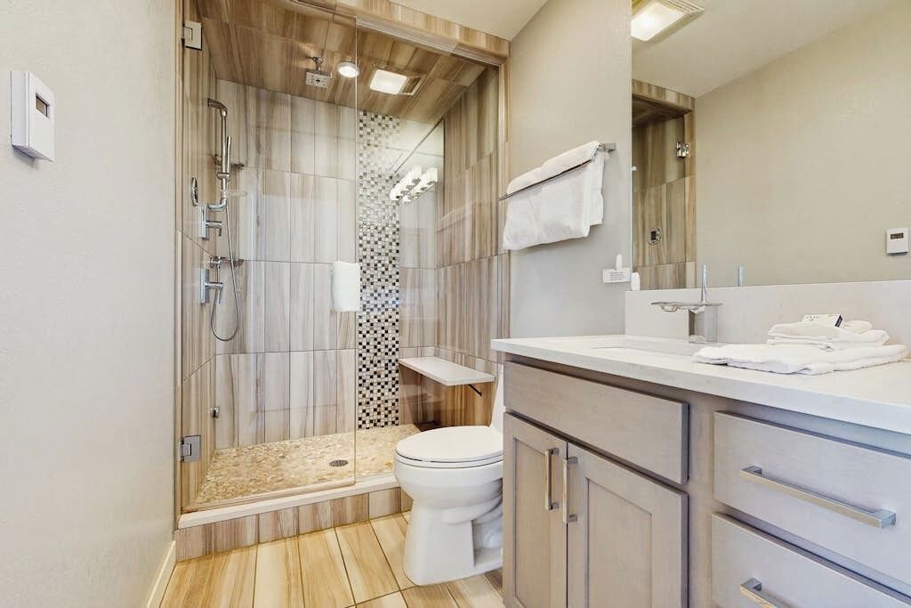 Shower, hair dryer, towels