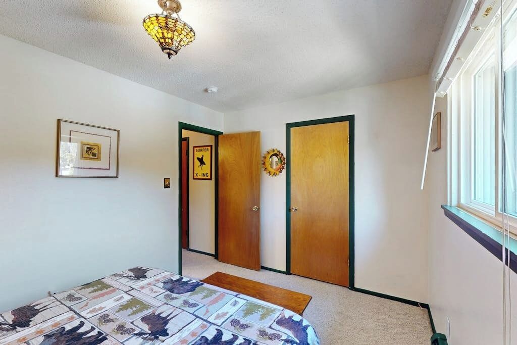 A bedroom with a bed, a chandelier, a framed picture, and two doors.