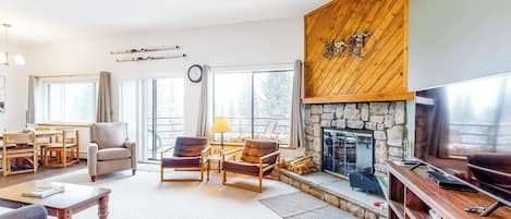TV, fireplace, books